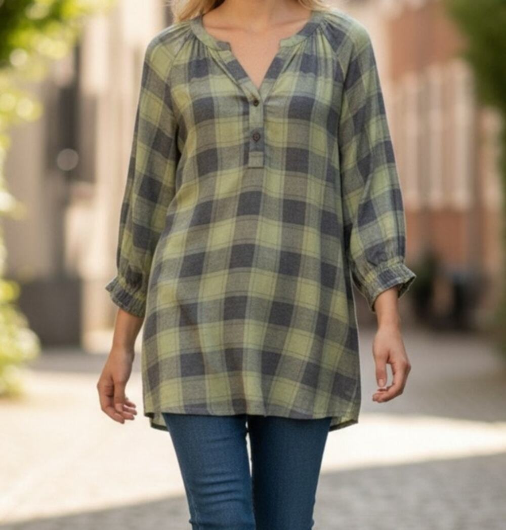 Caffe Marrakesh Women's Medium Green Plaid Pullover Top 3/4 Sleeve Shirt NWT